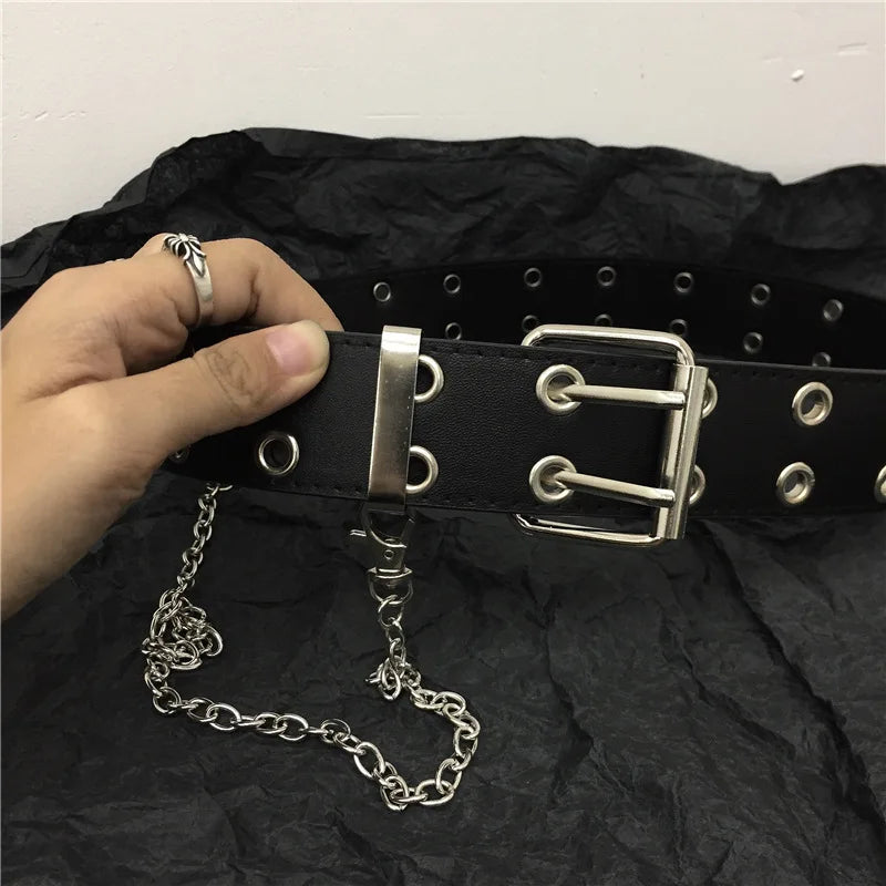 Women's Belt Trend Double Ring Belt Double Hole Eyelet Grommet Leather Buckle Punk Pin Belt Leisure Dress Jeans Gothic Waistband
