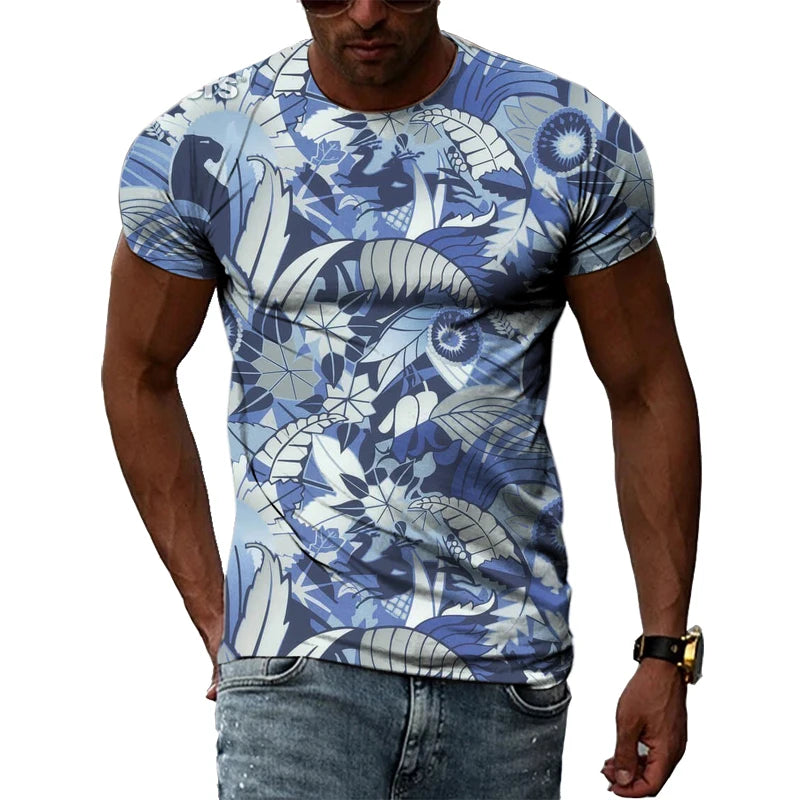 Summer New Men's Floral Pattern 3D T-shirt Street Hip Hop Personality Print Tops Trendy Fashion Round Neck Short Sleeve Clothing