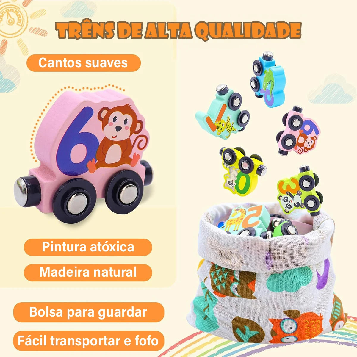 Train Set with 11 Magnetic Wooden Animals for Children, Montessori Toys for Children