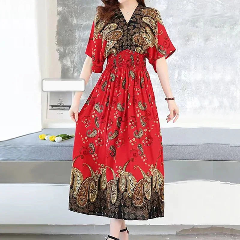 Vestidos Para Mujer Rope Robe Dress Women Casual Elegant Retro Bohemian V Neck Boho Korean Printed Summer Long Dresses Clothes
