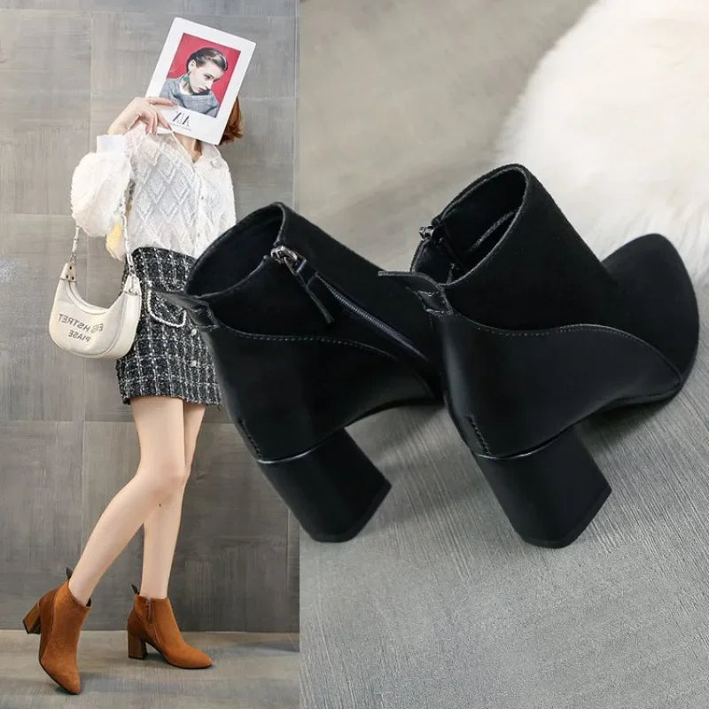 2026 Autumn/Winter Women Ankle Boots Pointed Fashion Short Boots Suede Panel Side Zipper Thick Heels Women's Shoes Large 44