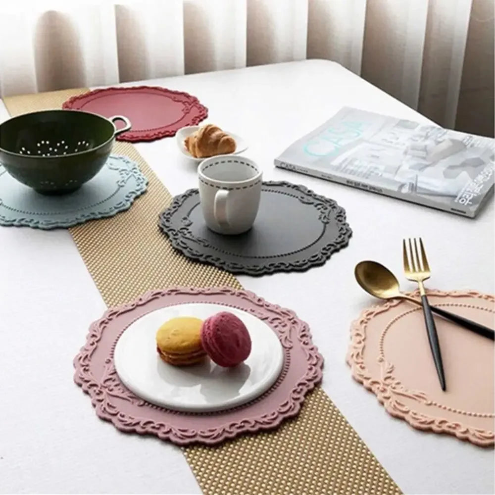 2pcs Lace Round Tableware Pad Silicone Coaster Cup Mat Non-slip Placemat