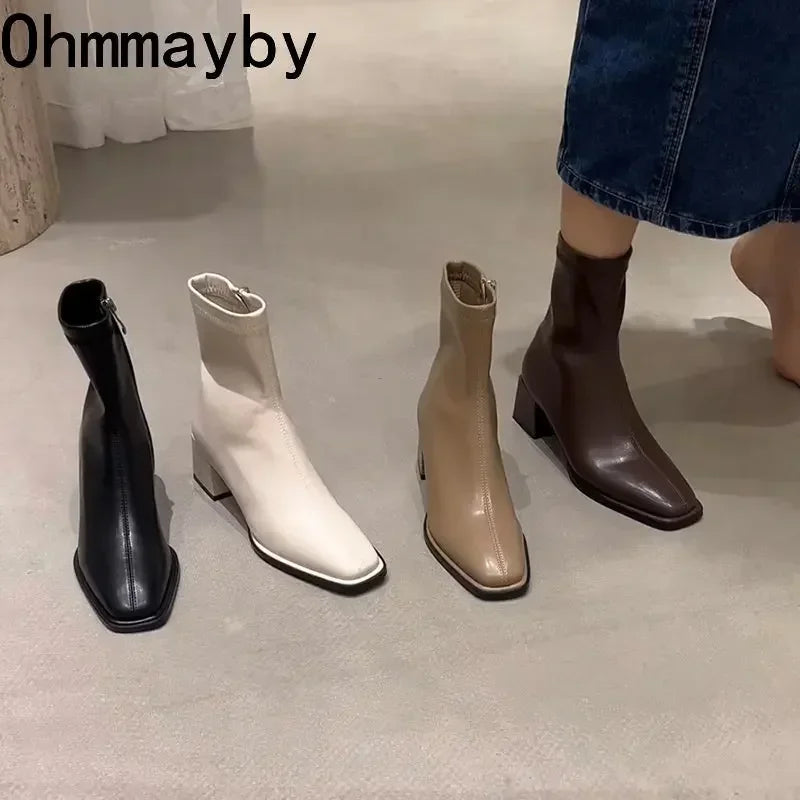 2026 Autumn Winter Design Heel Ankle Boot Fashion Square Toe Zipper Ladies Casual Chelsea Boots Shoes Soft Leather Short Boot