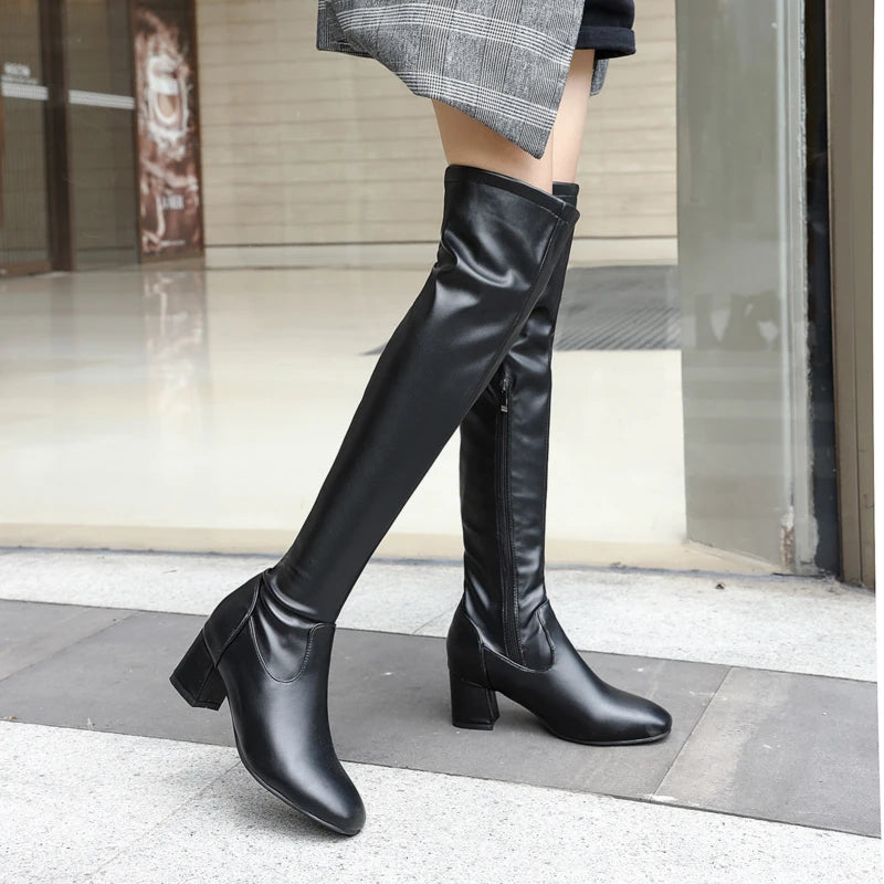 2026 Fashion Knee High Boots Women Winter Boots Square Loe Heel Long Boots Square Toe Zipper Autumn Female Boots Black White