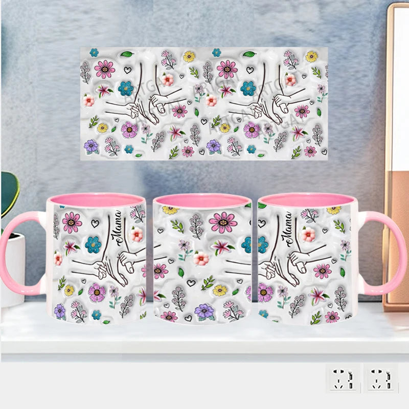 Personalized Kids Names Mug Customize 3D Effect Printing WITH Flowers Cup Holding Hands Coffee Mugs Mother's Day Gifts
