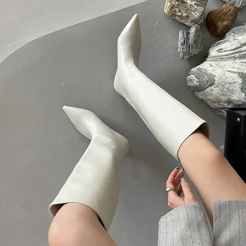Pointed Toe Women High Boots Leather Fashion Sexy Heels Shoes Woman Trend New Snow Boots Low Heels Elegant Goth Mujer Botas