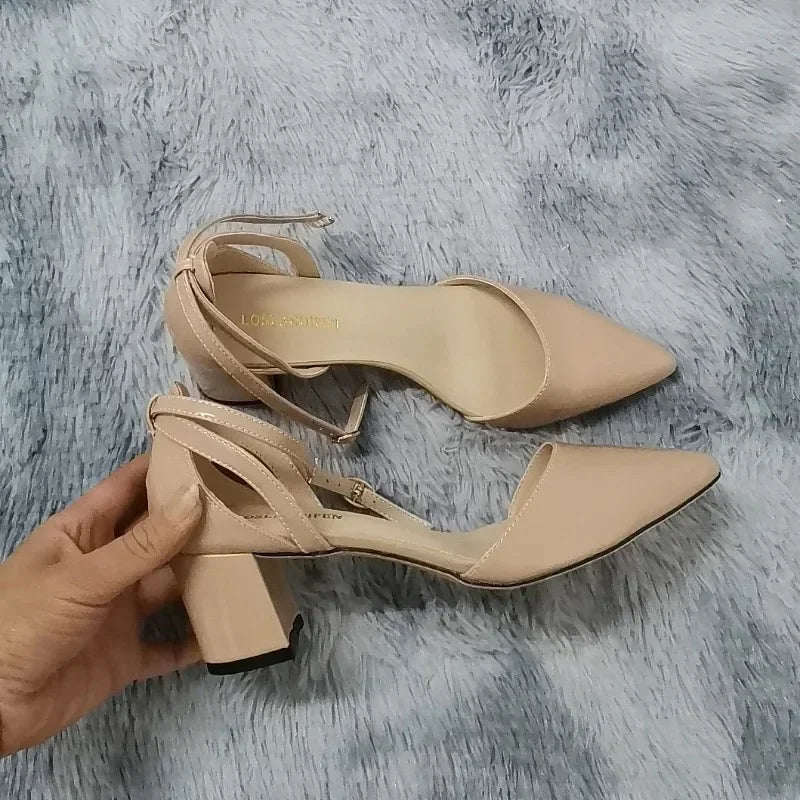 2026 Summer Women Sandals Sexy 5cm Single Work OL Thick High Heels Matte Pointed Toe Pumps Shollow Mouth Party Red Wedding Shoes