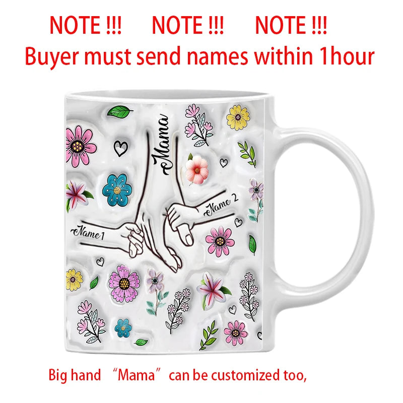 Personalized Kids Names Mug Customize 3D Effect Printing WITH Flowers Cup Holding Hands Coffee Mugs Mother's Day Gifts