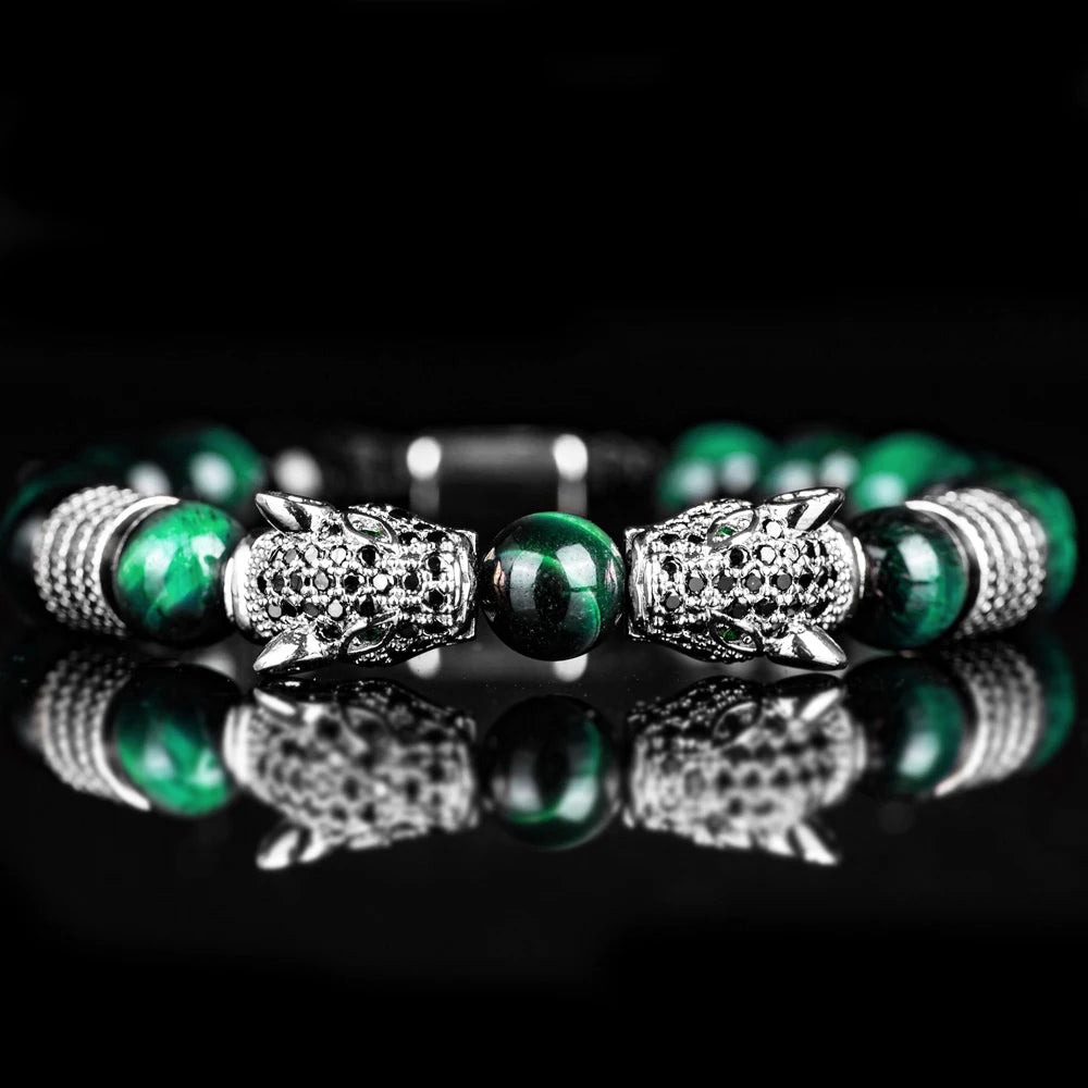 New Trend Double Leopard head Handmade tiger's-eye Bracelets  Accessories Handmade Men's Jewelry Pulseras homme