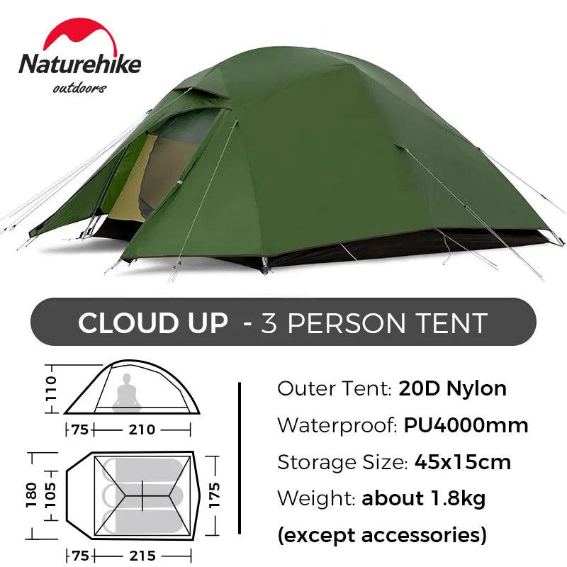 Naturehike Cloud Up 3 Person Ultralight Tent Waterproof Outdoor Hiking Cycling Backpacking Tent 20D Beach Camping Tents with Mat