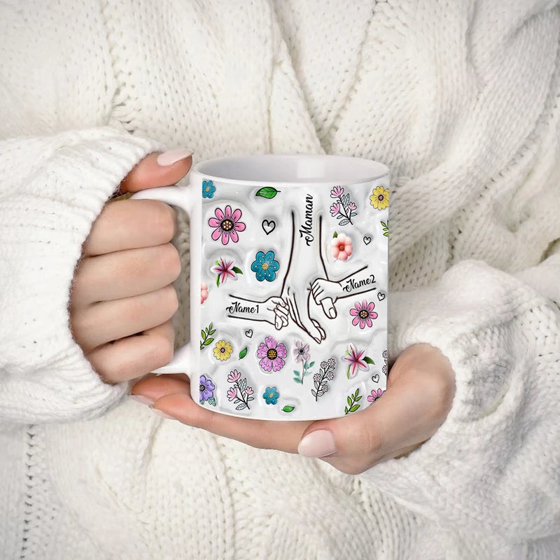 Personalized Kids Names Mug Customize 3D Effect Printing WITH Flowers Cup Holding Hands Coffee Mugs Mother's Day Gifts