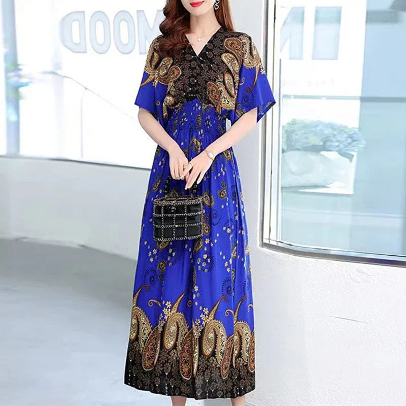 Vestidos Para Mujer Rope Robe Dress Women Casual Elegant Retro Bohemian V Neck Boho Korean Printed Summer Long Dresses Clothes