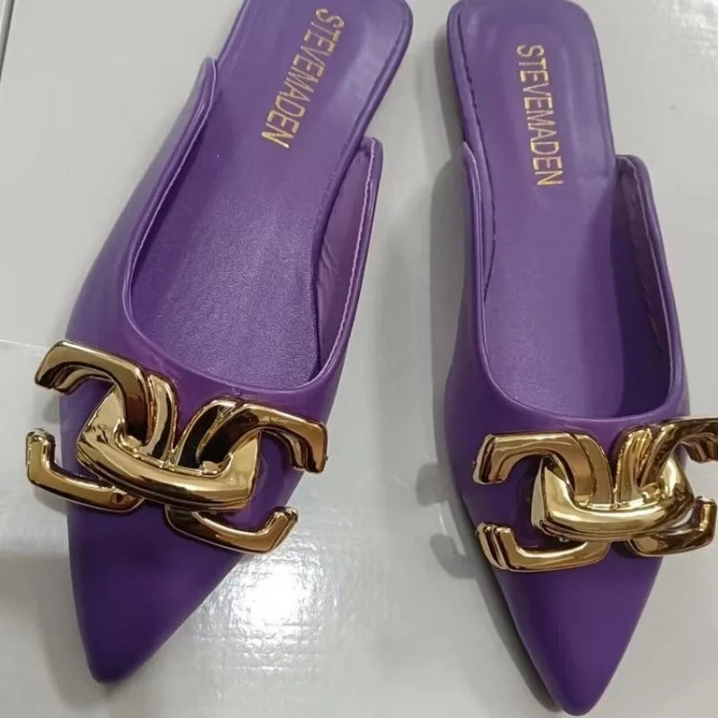 2024 New Summer Women Flat Slippers Fashion Metal Chain Pointed Toe Sandals Casual Shoes Outside Slippers Women Slides Women