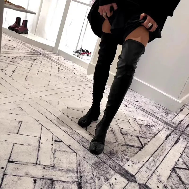 Black Thick-heeled slim tabi boots autumn and winter new split-toe boots over-the-knee boots low-heeled long knight boots