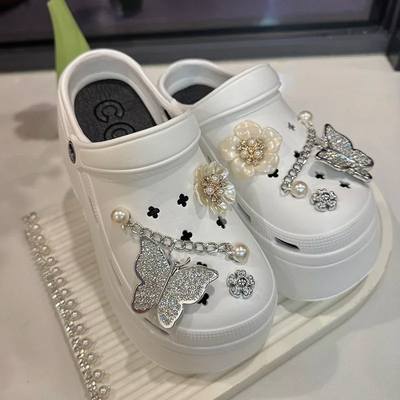 Crystal Butterfly Diy Clogs Sandals Women Summer Chian Chunky Platform Sandles Woman Comfortable Wedge Heels Garden Shoes Female