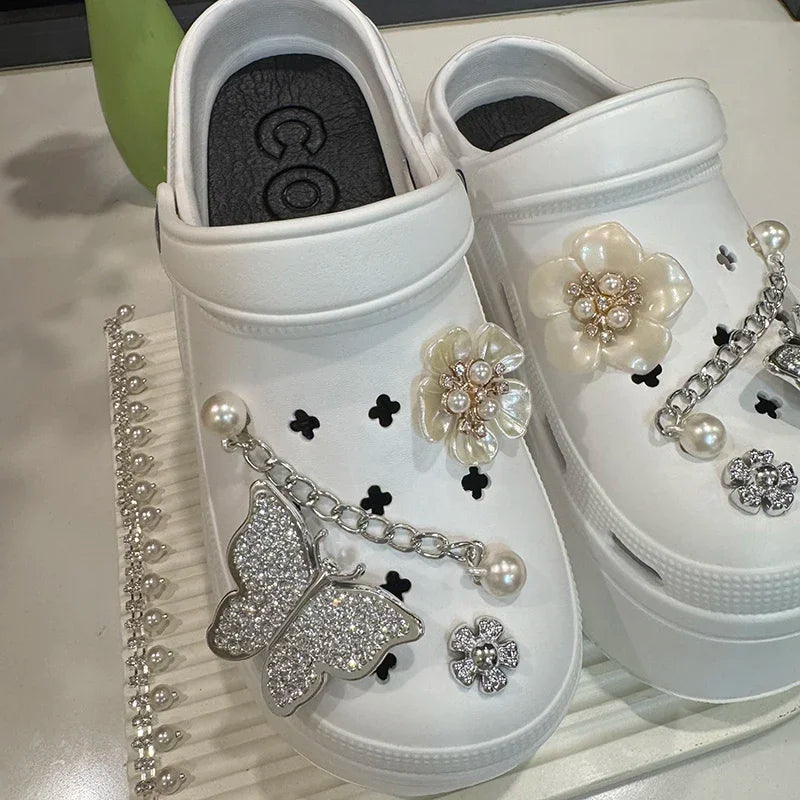 Crystal Butterfly Diy Clogs Sandals Women Summer Chian Chunky Platform Sandles Woman Comfortable Wedge Heels Garden Shoes Female