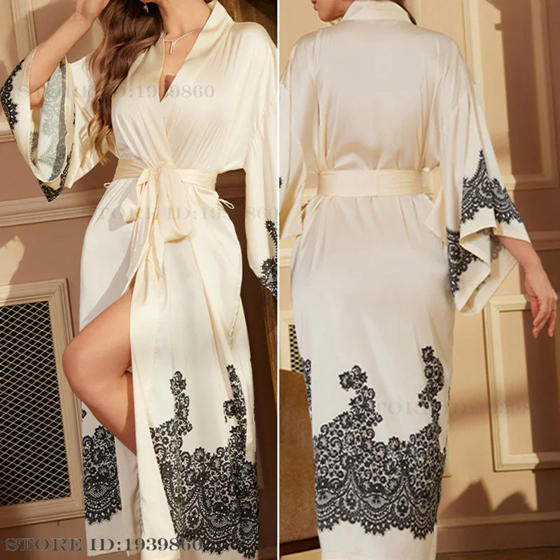Spring Summer Female Sleepwear Long Robe Print Flower Kimono Bathrobe Gown Night Dress Casual Silk Satin Women's Home Clothing