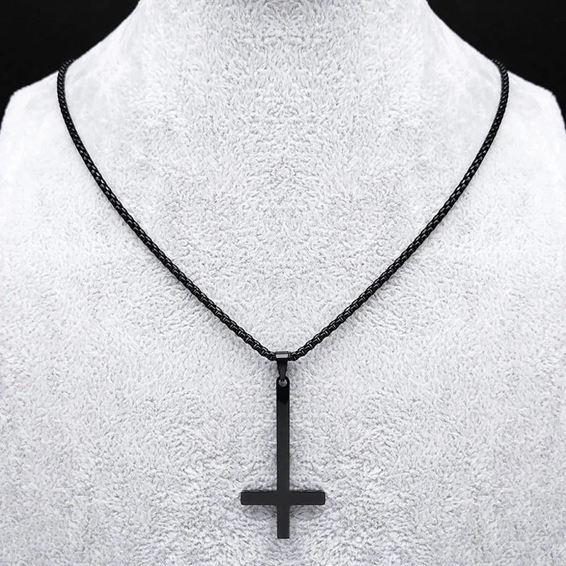 Stainless Steel Upside Down Cross Witchcraft Pagan Necklace Inverted Cross Black Chain Necklace Jewelry cruz invertida N8374S03