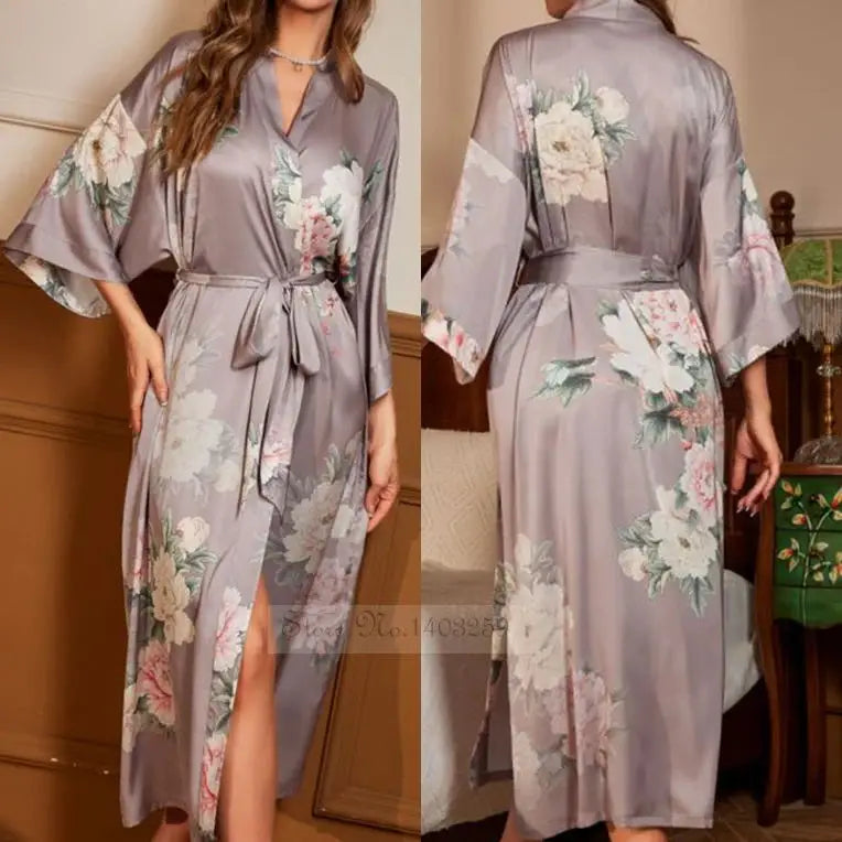 Spring Summer Female Sleepwear Long Robe Print Flower Kimono Bathrobe Gown Night Dress Casual Silk Satin Women's Home Clothing