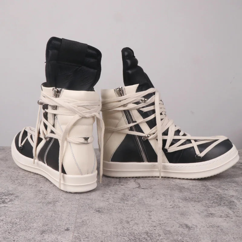 Men High Top Shoes Women Leather Casual Platform Sneakers Luxury Lace Up Zip Autumn Black White Designer Boots