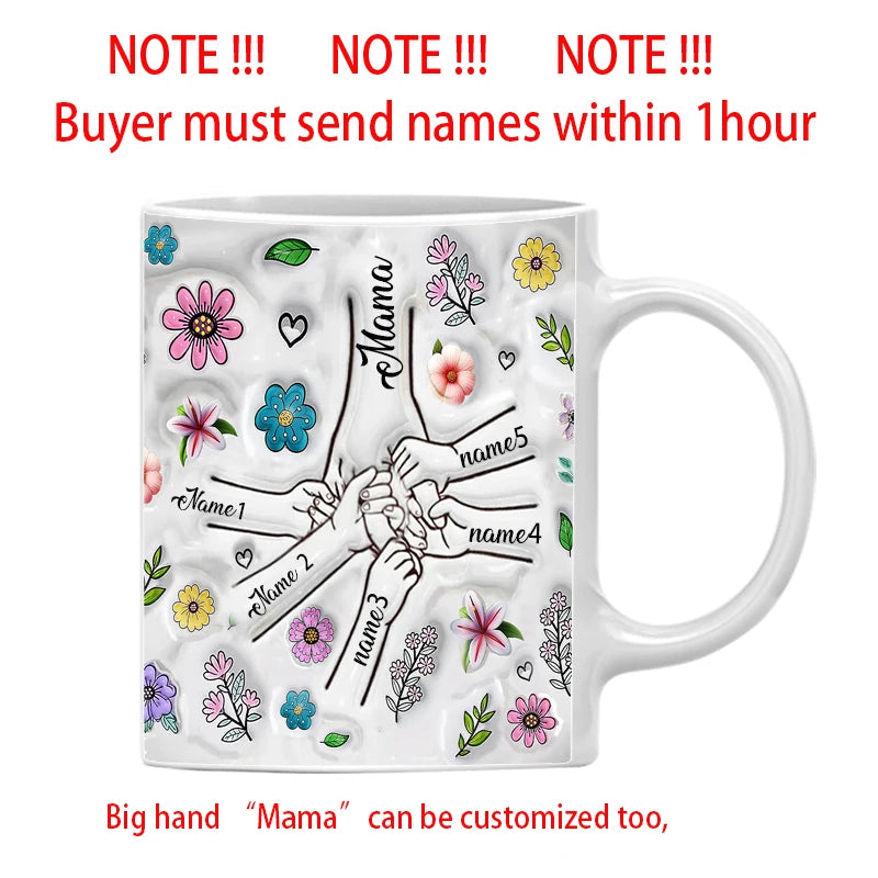 Personalized Kids Names Mug Customize 3D Effect Printing WITH Flowers Cup Holding Hands Coffee Mugs Mother's Day Gifts