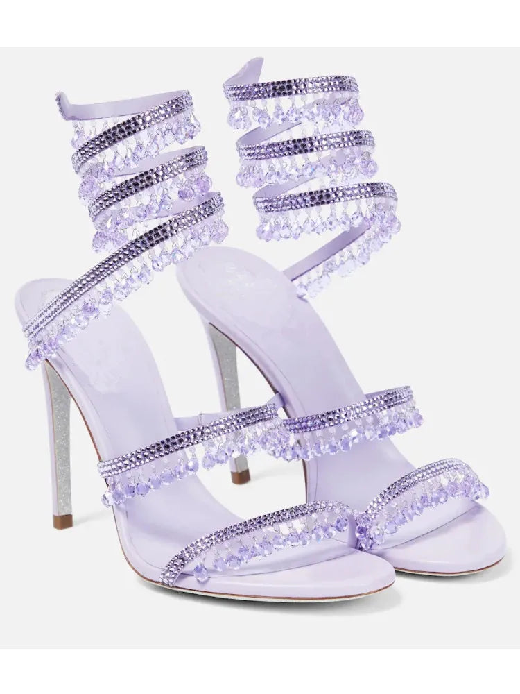 2025 Summer New Colored Diamond Women's High Heel Sandals Water Diamond Fashion Silver Sole Party Party Party High Heel Shoes