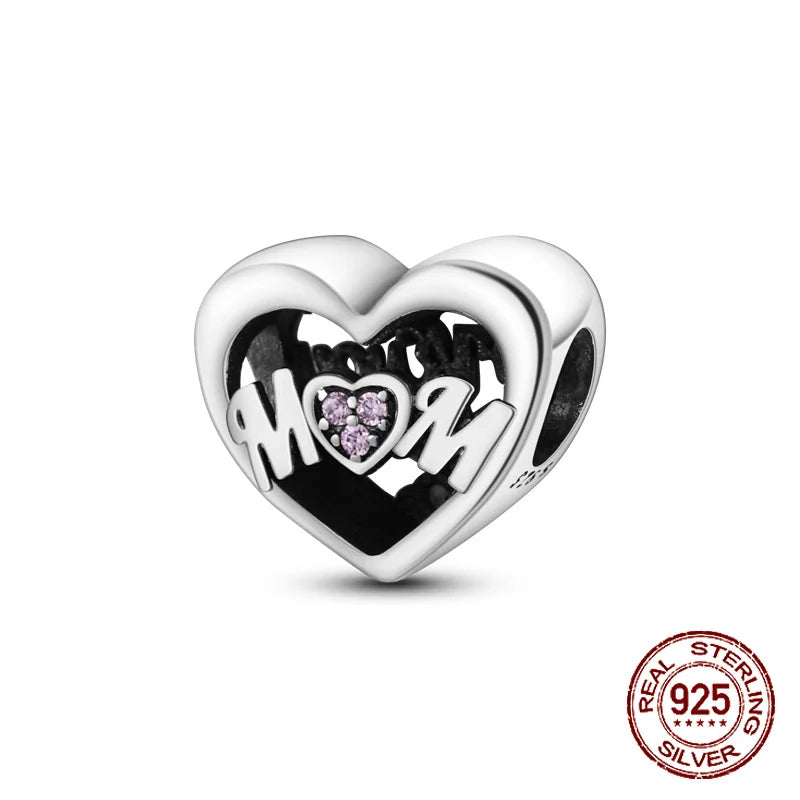 925 Sterling Silver Heart Shaped Warm Family MOM Charm Beads Fit 4MM hole diameter Bracelets Fine DIY Mother's Day Jewelry Gifts