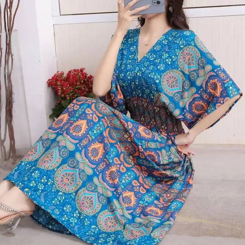 Vestidos Para Mujer Rope Robe Dress Women Casual Elegant Retro Bohemian V Neck Boho Korean Printed Summer Long Dresses Clothes