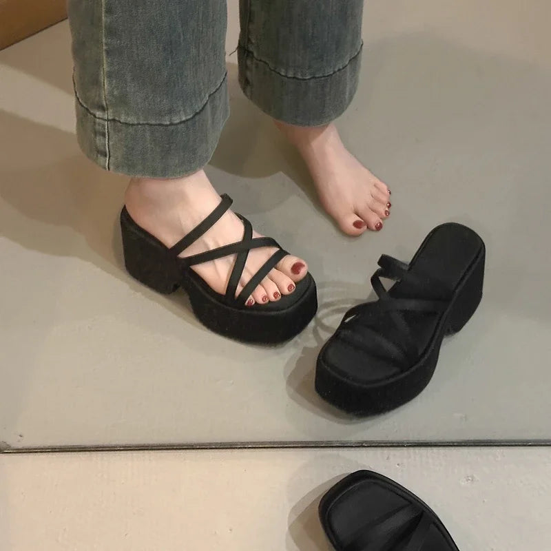 Summer Platform Heel Women Slippers Fashion Open Toe Wedges sandals Narrow Band Slide Ladies Street Style Shoes Leopard Print