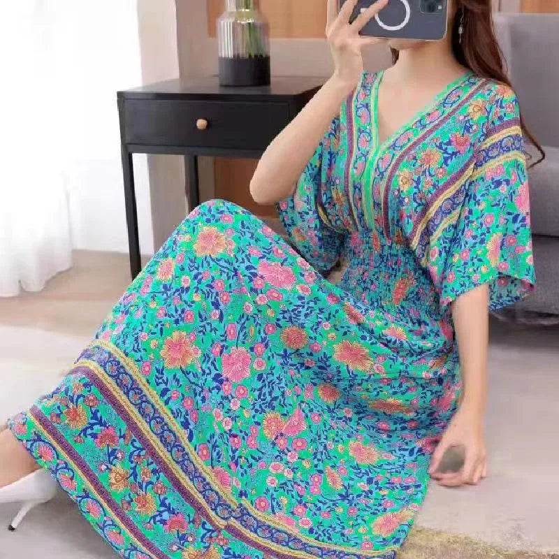Vestidos Para Mujer Rope Robe Dress Women Casual Elegant Retro Bohemian V Neck Boho Korean Printed Summer Long Dresses Clothes