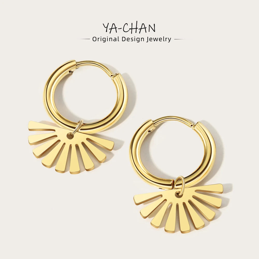 YACHAN Trendy Gold Plated Stainless Steel Earrings For Women Geometric Pendants Hoop Earrings Waterproof Jewelry