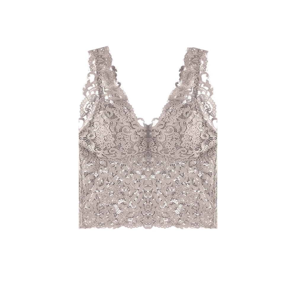 Summer Sexy Deep V Lace Vest With Breast PadsEmbroidery Floral Tank Top Wrapped Chest Camisole Padded Crop Tank Top For Women