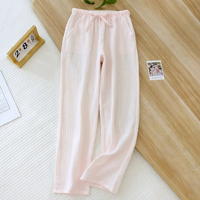 New Spring Summer Japanese Women's Pajamas 100%Cotton Crepe Small Plaid Loose Girls' Pants Household Pants Thin Size Large pants