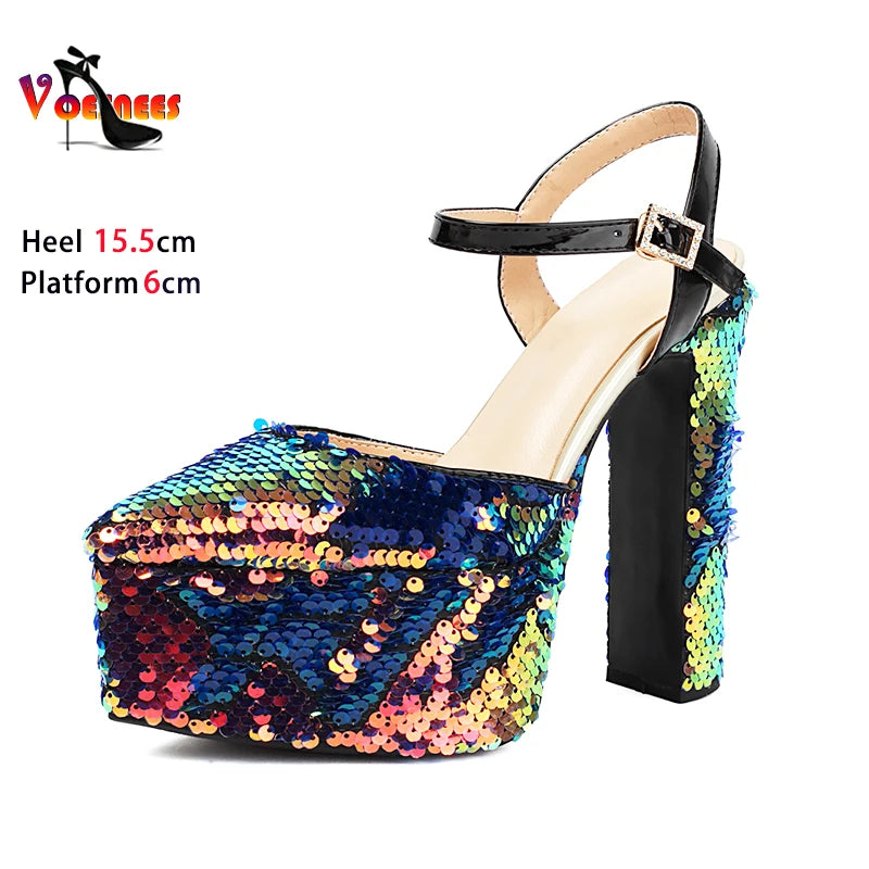 Bling Sequin Sandals Women Stage Show Buckle Strap High Heels Summer Thick Platform Ladies Shoes Nightclub Sandalias De Mujer