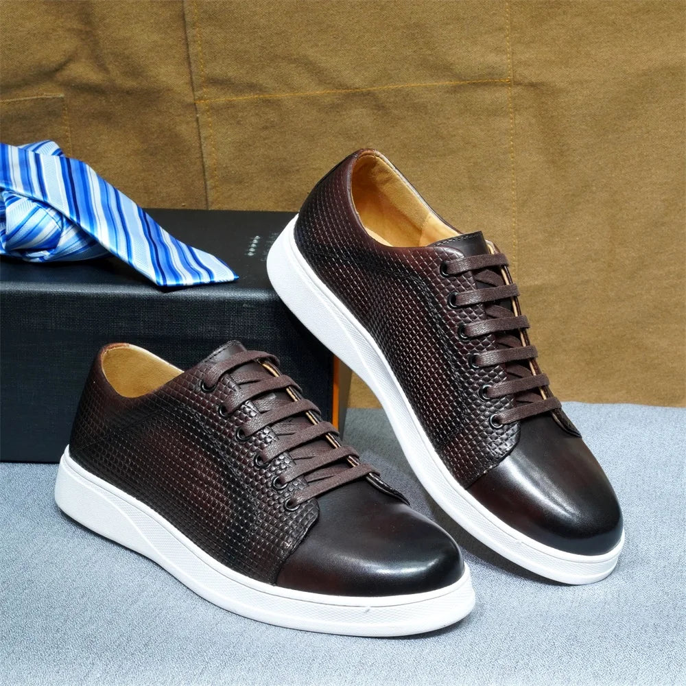 Classic Brand Designer Genuine Leather Men's Casual Sneaker Shoes Lace-Up Plaid Print Comfortable Flats Derby Shoes for Men
