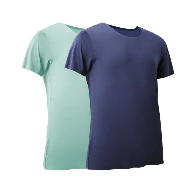 2PC Summer Ice Silk seamless men's short-sleeved white T-shirt with round neck, half-sleeved top, thin base layer, slim underwea