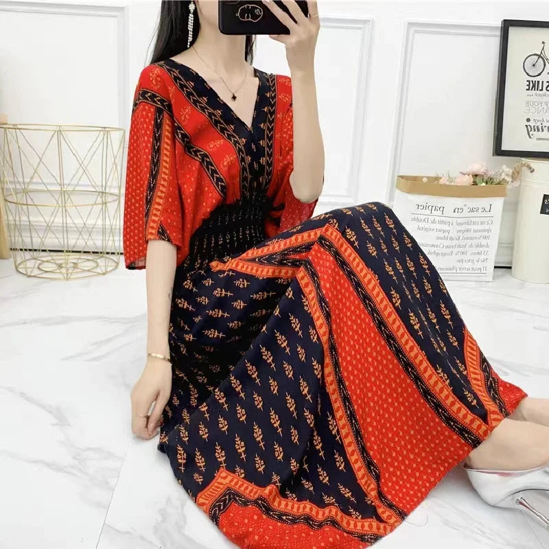 Vestidos Para Mujer Rope Robe Dress Women Casual Elegant Retro Bohemian V Neck Boho Korean Printed Summer Long Dresses Clothes