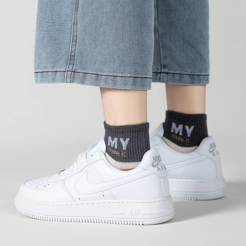 5 Pairs of Men's Spring Autumn Season Letter Slogan Number Stripe Fashion Versatile College Style Summer Breathable Short Socks