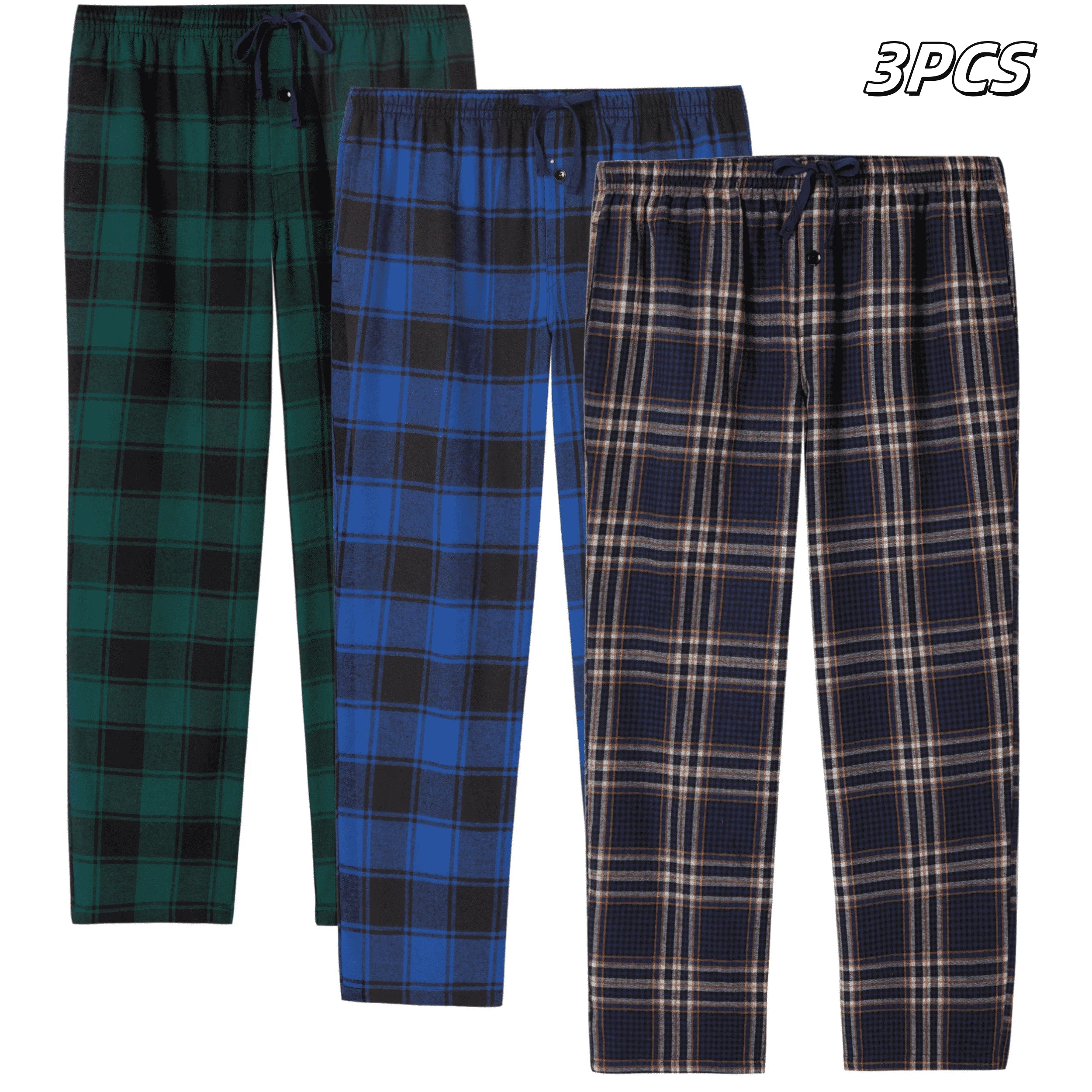 JupiterSecret 3pcs Men's Pajama Pants Autumn/Winter Flannel Cotton Plaid Sleep & Lounge PJ Bottoms with Pockets and Button Fly