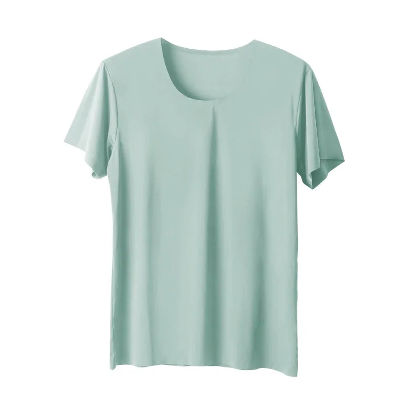 2PC Summer Ice Silk seamless men's short-sleeved white T-shirt with round neck, half-sleeved top, thin base layer, slim underwea