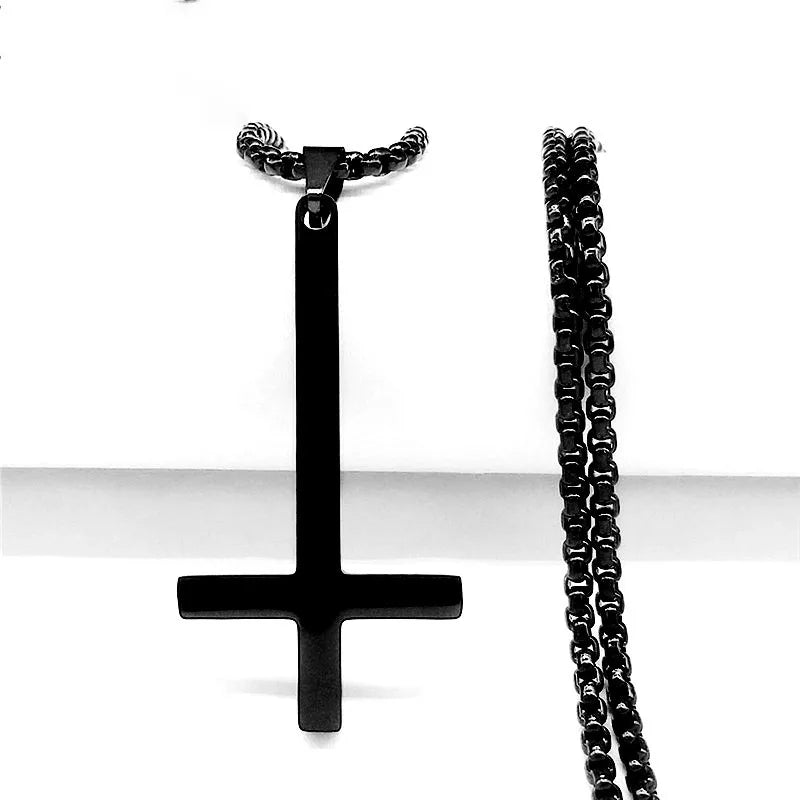 Stainless Steel Upside Down Cross Witchcraft Pagan Necklace Inverted Cross Black Chain Necklace Jewelry cruz invertida N8374S03