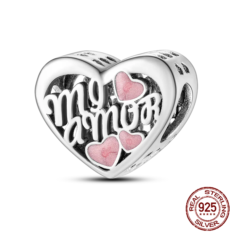925 Sterling Silver Heart Shaped Warm Family MOM Charm Beads Fit 4MM hole diameter Bracelets Fine DIY Mother's Day Jewelry Gifts