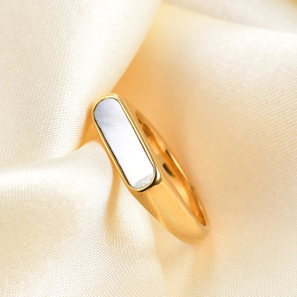 VQYSKO Mother Of Pearl Waterproof Tarnish Free Ring Signet Ring Dainty Bar Beautiful Gift For Her Him Staple Jewelry