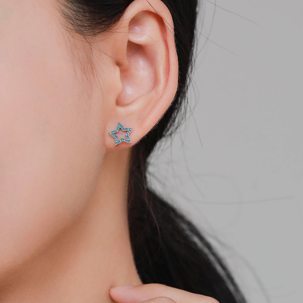 MODIAN New 925 Sterling Silver Vintage Stars Turquoise Ear Studs Fashion Hollow Out Charm Female Stud Earrings For Women Jewelry