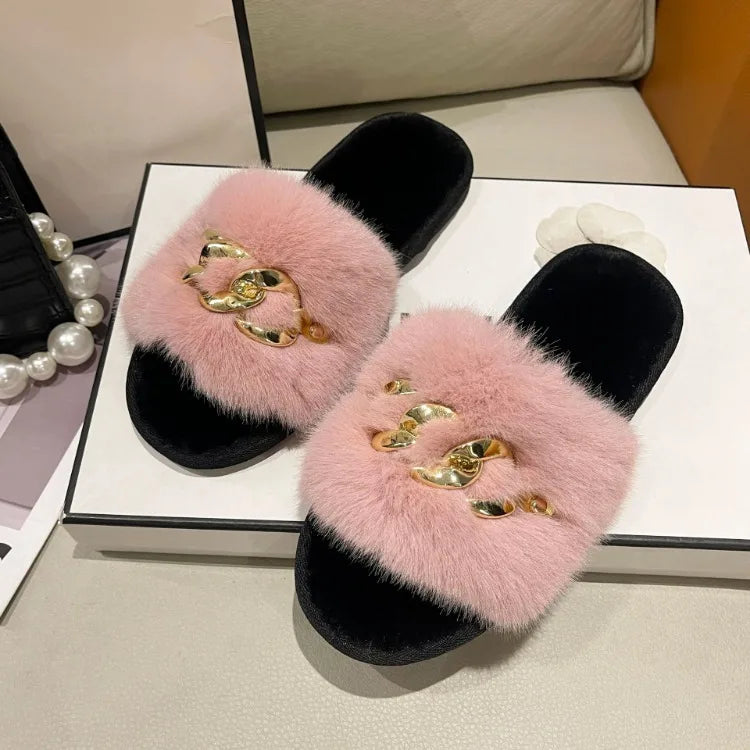 Autumn /winter Metal Chain Woolen Cotton Slippers Fashion Warm Women's Large Fur Flat Heel Straight Slippers Home Cotton Slipper