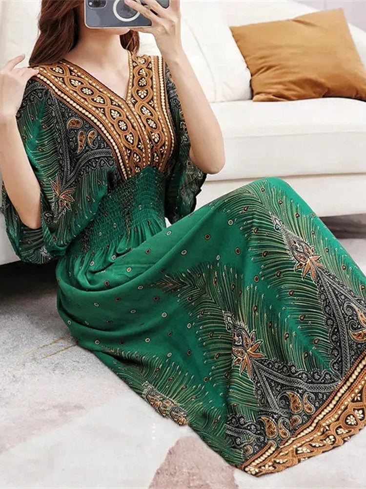 Vestidos Para Mujer Rope Robe Dress Women Casual Elegant Retro Bohemian V Neck Boho Korean Printed Summer Long Dresses Clothes