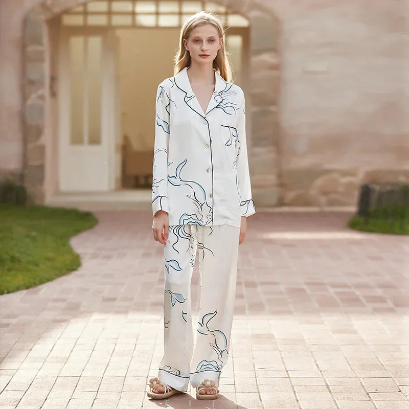 Spring and Summer 2023 New Ice Silk Pajamas Women's Long-sleeved Silk Lapel Home Suit Fashionable Ins Style