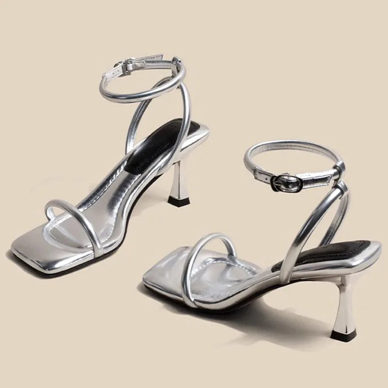 Fashion Black Ankle-Strap Buckle Sandal Summer Square Toe Ladies Stiletto High Heel Shoes Sexy Solid Thin Band Sandalias