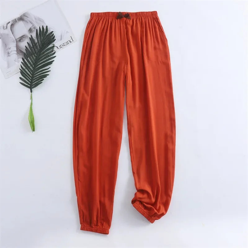 Spring and summer new women's trousers 100% viscose leg + straight casual breathable comfortable plus size home sleep pants cute
