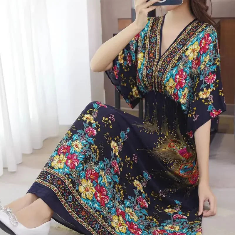 Vestidos Para Mujer Rope Robe Dress Women Casual Elegant Retro Bohemian V Neck Boho Korean Printed Summer Long Dresses Clothes